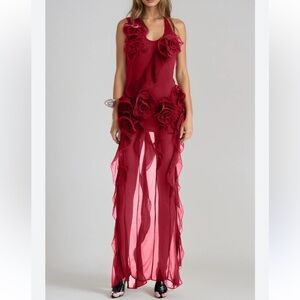 Innovare Denim Damir Flower Backless Mesh Maxi Dress 3D Red Floral Gown Small